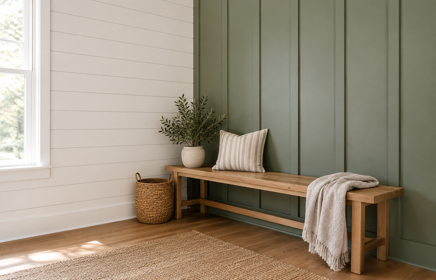shiplap vs board and batten: a white horizontal shiplap wall beside a sage green vertical board and batten wall with an oak bench
