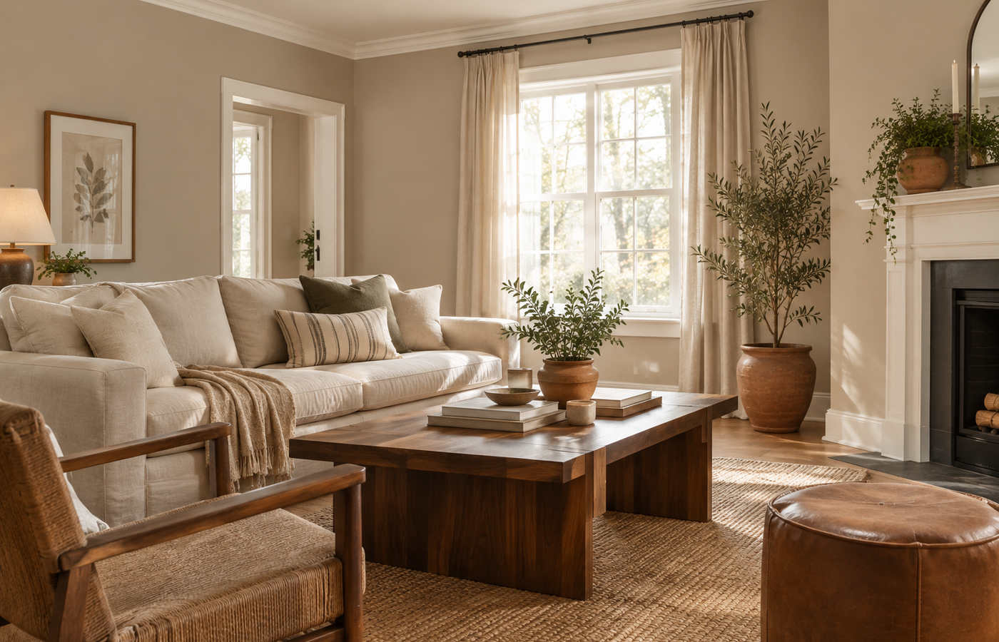 accessible beige sherwin williams on living room walls with a linen sofa, walnut table and terracotta accents