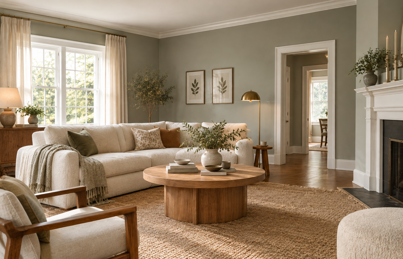 evergreen fog sherwin williams on living room walls with a cream sofa, round oak table and brass floor lamp
