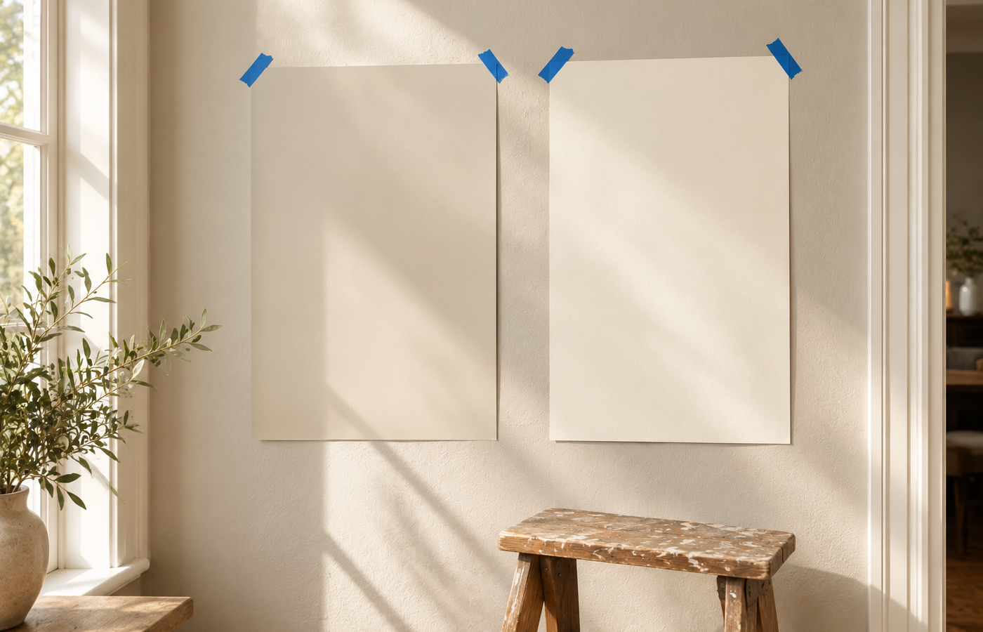 alabaster vs greek villa: two large warm white paint samples taped side by side on a sunlit wall