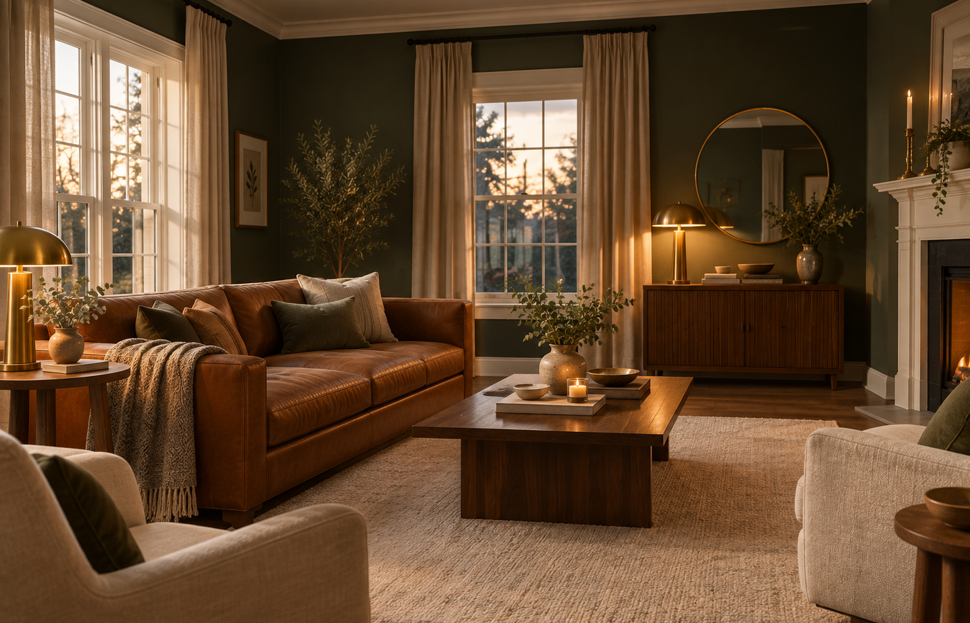 moody living room ideas: deep green walls, a cognac leather sofa, brass lamps and a wool rug