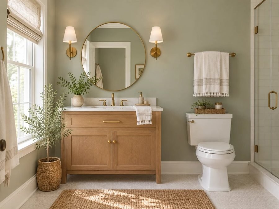 quietude sherwin williams on bathroom walls with an oak vanity, a round mirror and white towels