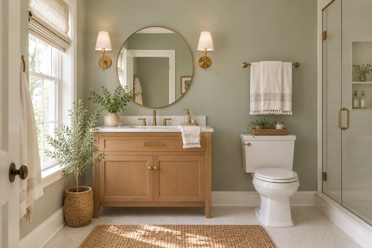 quietude sherwin williams on bathroom walls with an oak vanity, a round mirror and white towels