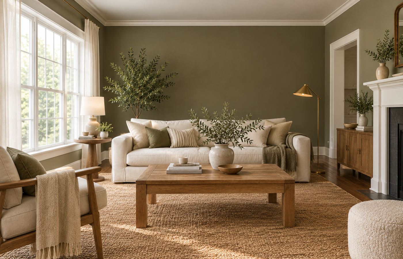 earthy green paint colors on living room walls with a cream sofa, oak table and olive branches