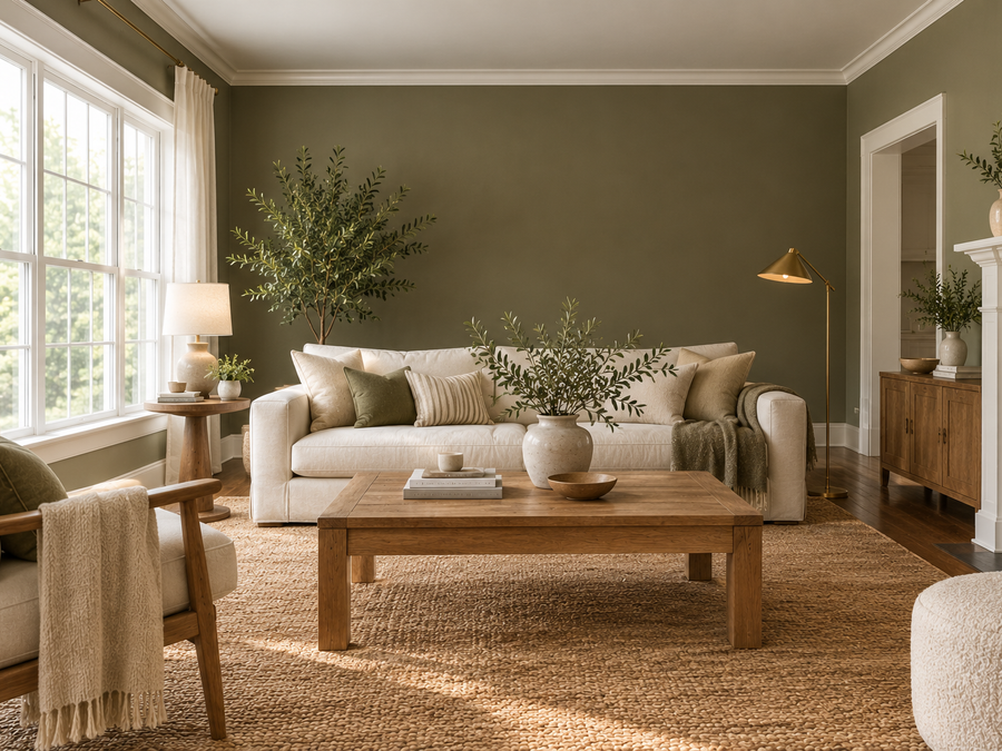earthy green paint colors on living room walls with a cream sofa, oak table and olive branches