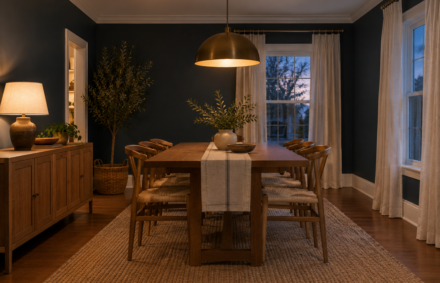 dining room wall color ideas: deep navy walls, an oak table, woven chairs and a brass pendant glowing at dusk