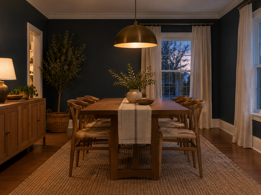 dining room wall color ideas: deep navy walls, an oak table, woven chairs and a brass pendant glowing at dusk