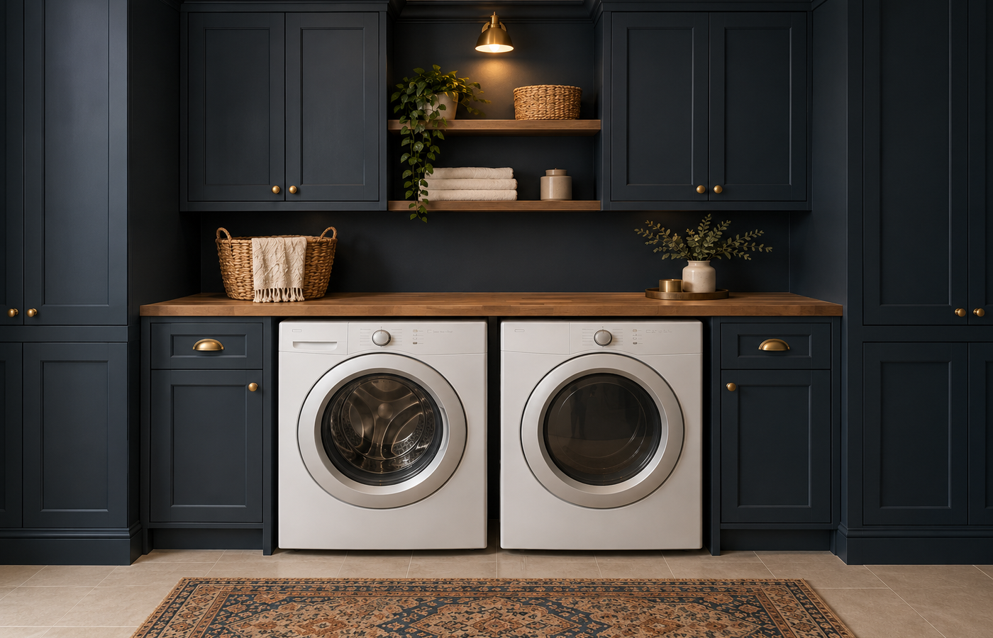 moody laundry room ideas: navy cabinets, a brass sconce, a washer and dryer under an oak butcher block counter