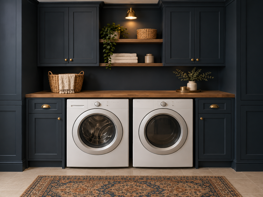 moody laundry room ideas: navy cabinets, a brass sconce, a washer and dryer under an oak butcher block counter