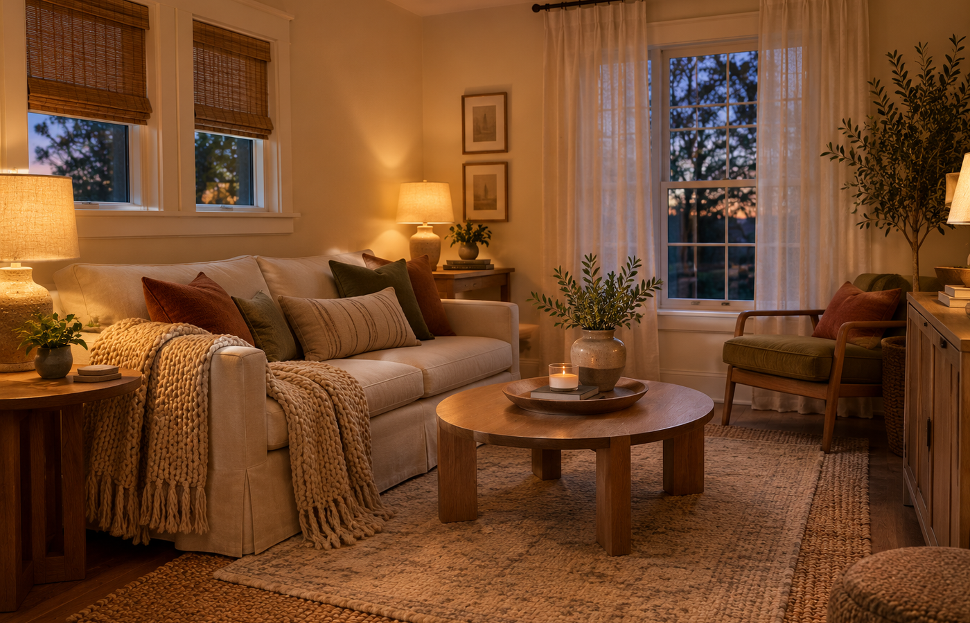 cozy small living room decor with a linen sofa, a jute rug, a knit throw and glowing table lamps