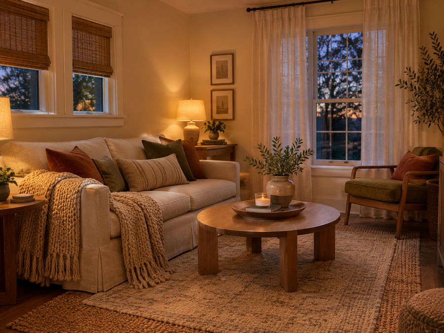cozy small living room decor with a linen sofa, a jute rug, a knit throw and glowing table lamps