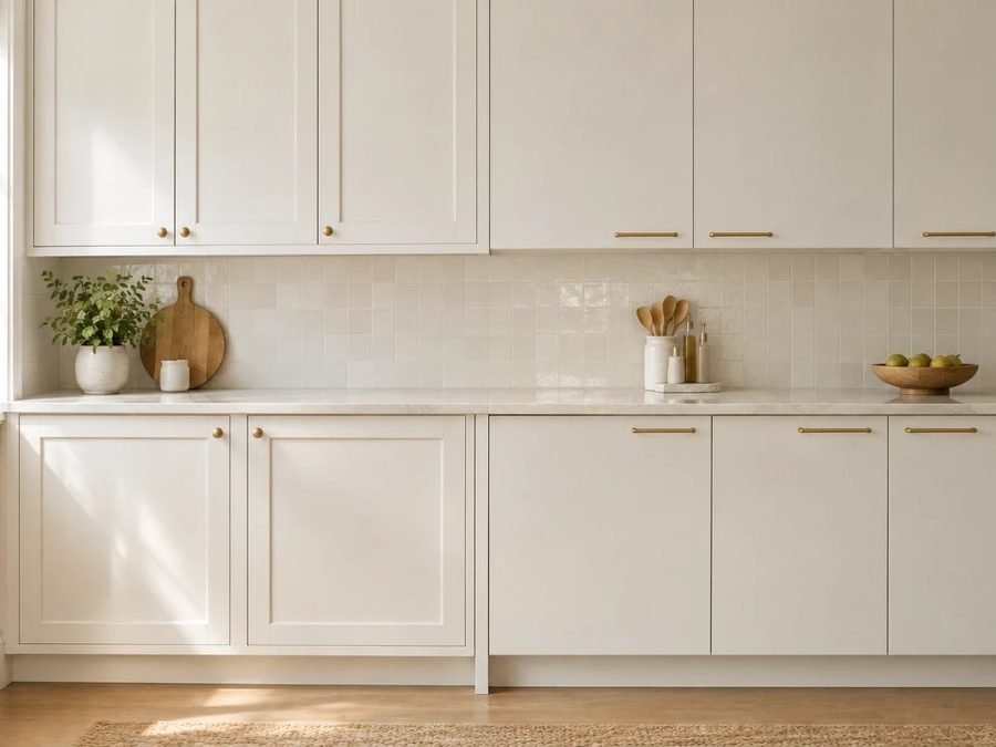 shaker vs slab cabinet doors: framed shaker cabinets on the left and flat slab cabinets on the right