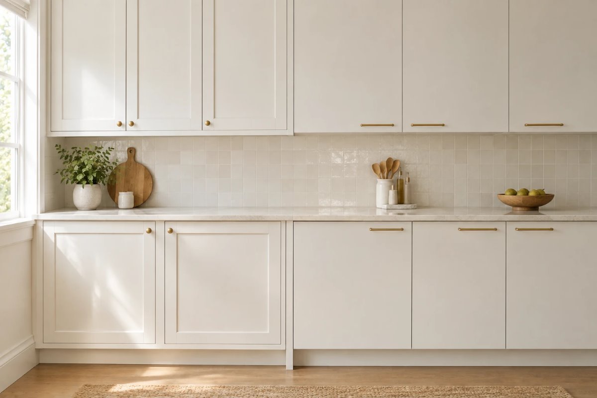 shaker vs slab cabinet doors: framed shaker cabinets on the left and flat slab cabinets on the right