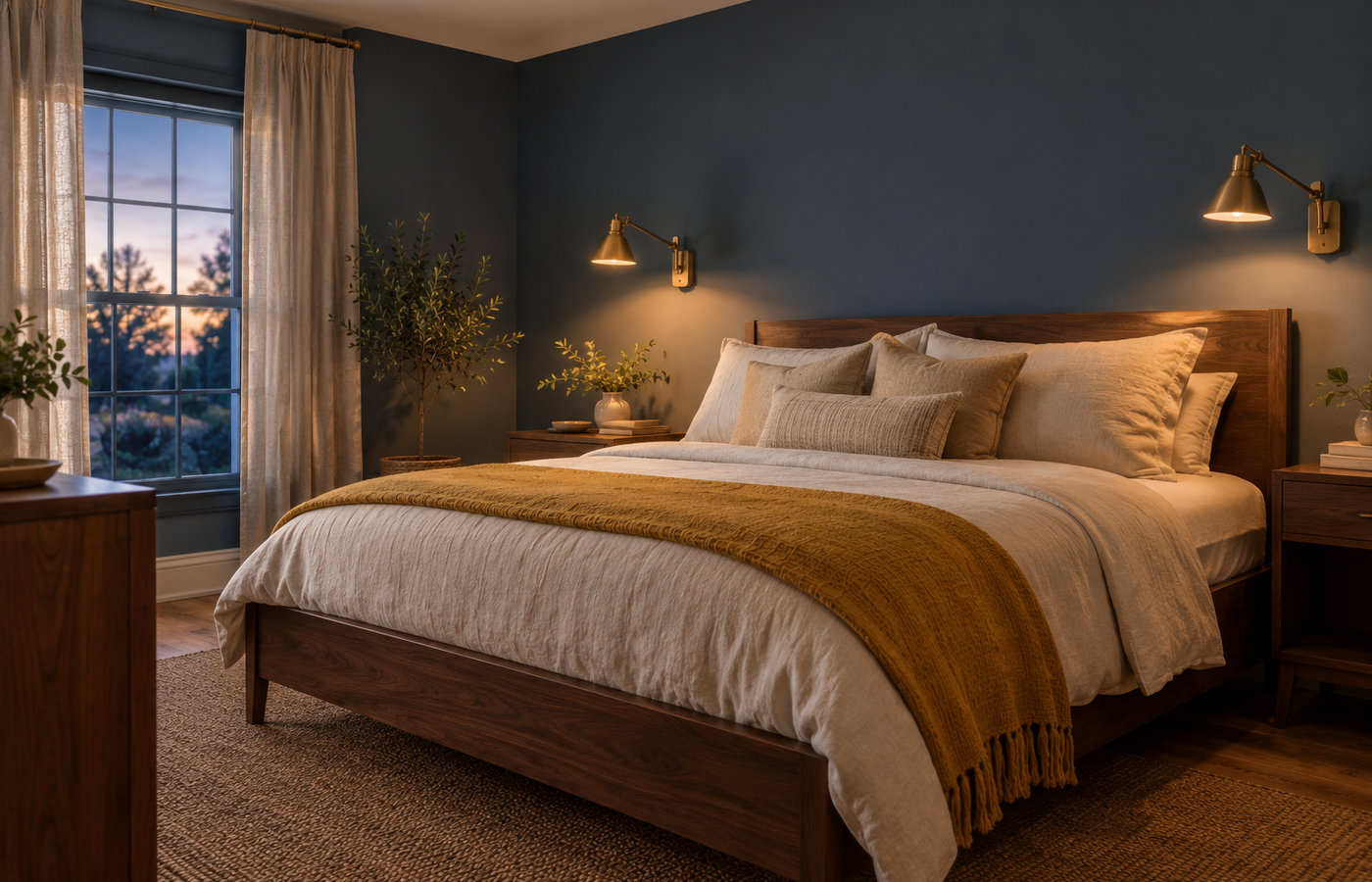 california paints quiet peace bedroom with deep moody blue walls, a walnut bed, cream linen bedding and brass sconces