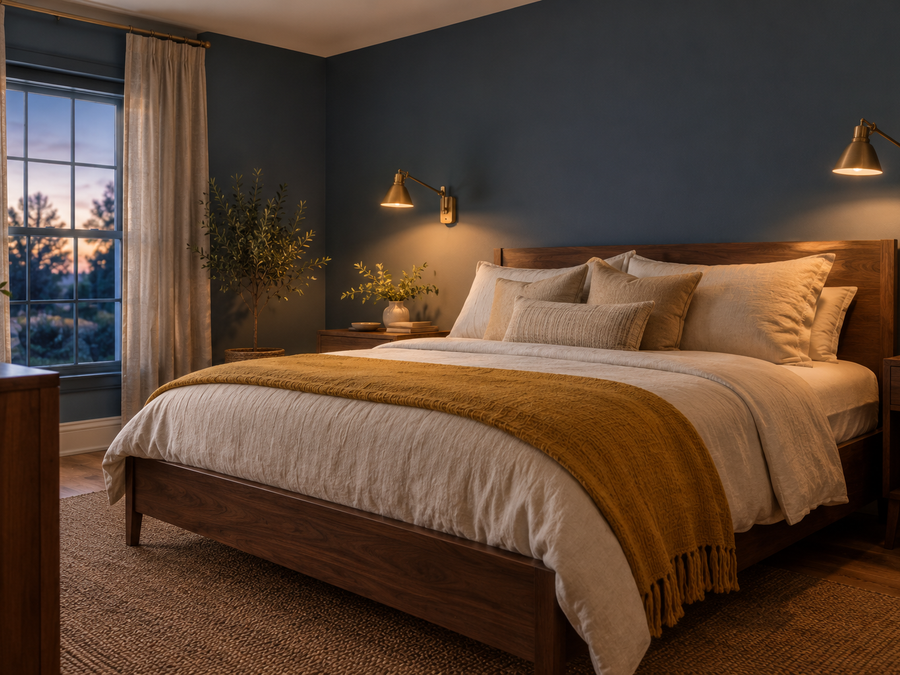 california paints quiet peace bedroom with deep moody blue walls, a walnut bed, cream linen bedding and brass sconces