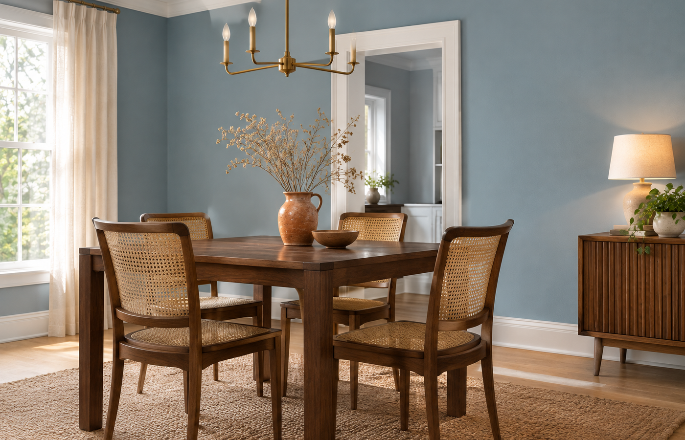 clark+kensington vantage point dining room with warm sky-blue walls, a dark walnut table and terracotta accents