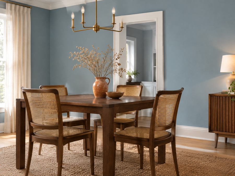 clark+kensington vantage point dining room with warm sky-blue walls, a dark walnut table and terracotta accents