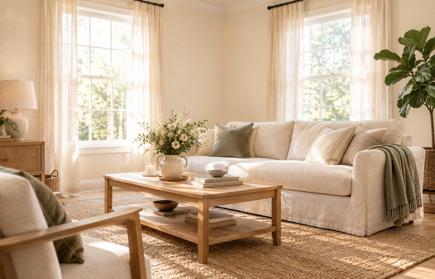 sherwin williams greek villa on living room walls, a warm sunny white with a linen sofa and oak floors