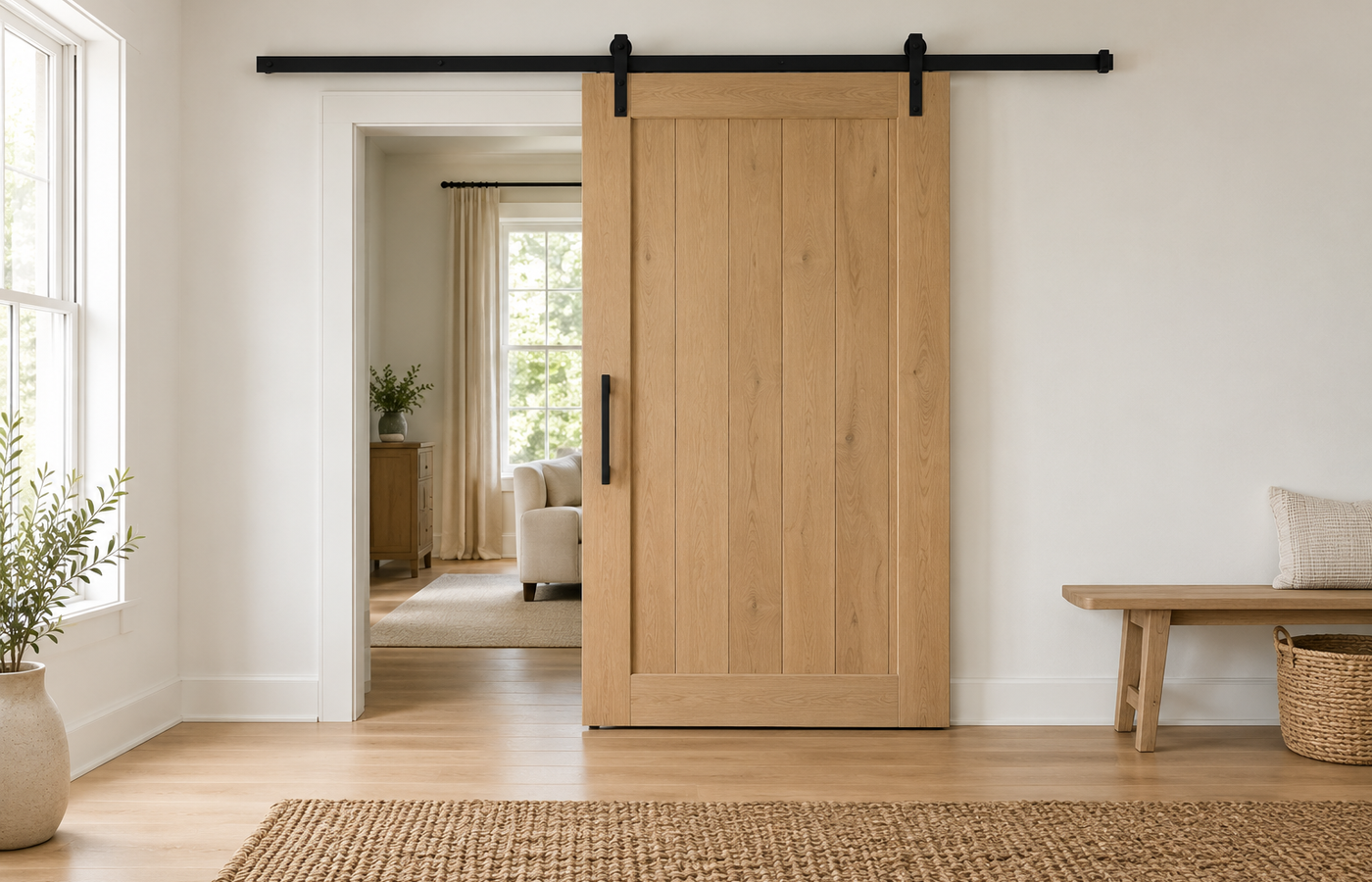 barn door size for opening example: a white oak sliding barn door on a black track, overlapping the doorway on both sides