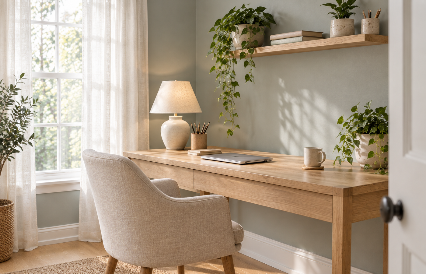 dulux soulful sage home office with soft silvery sage green walls, a light oak desk and a linen task chair