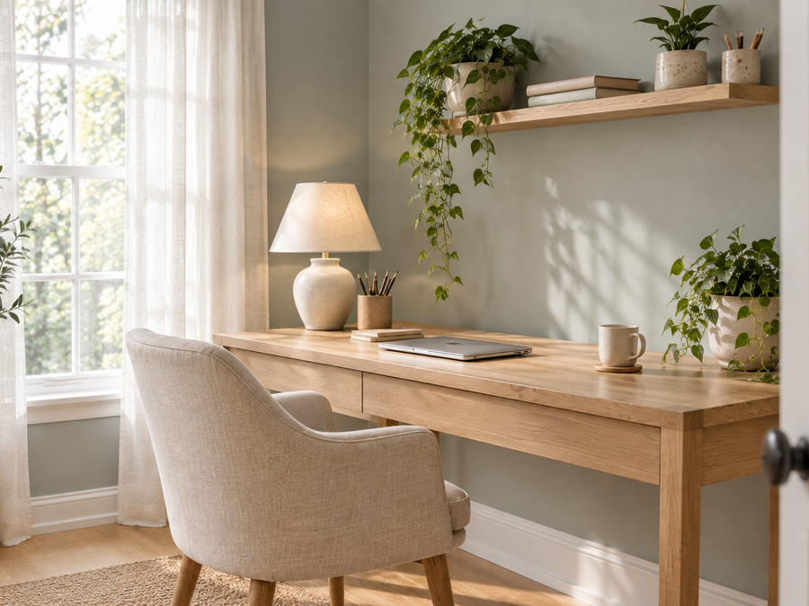 dulux soulful sage home office with soft silvery sage green walls, a light oak desk and a linen task chair