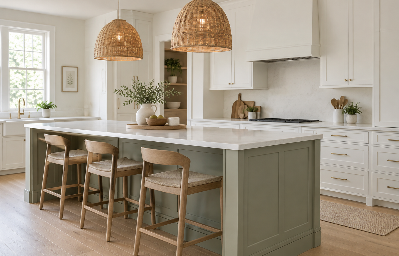 kitchen island overhang for stools: a sage green island with a white quartz top and three wood counter stools with woven seats