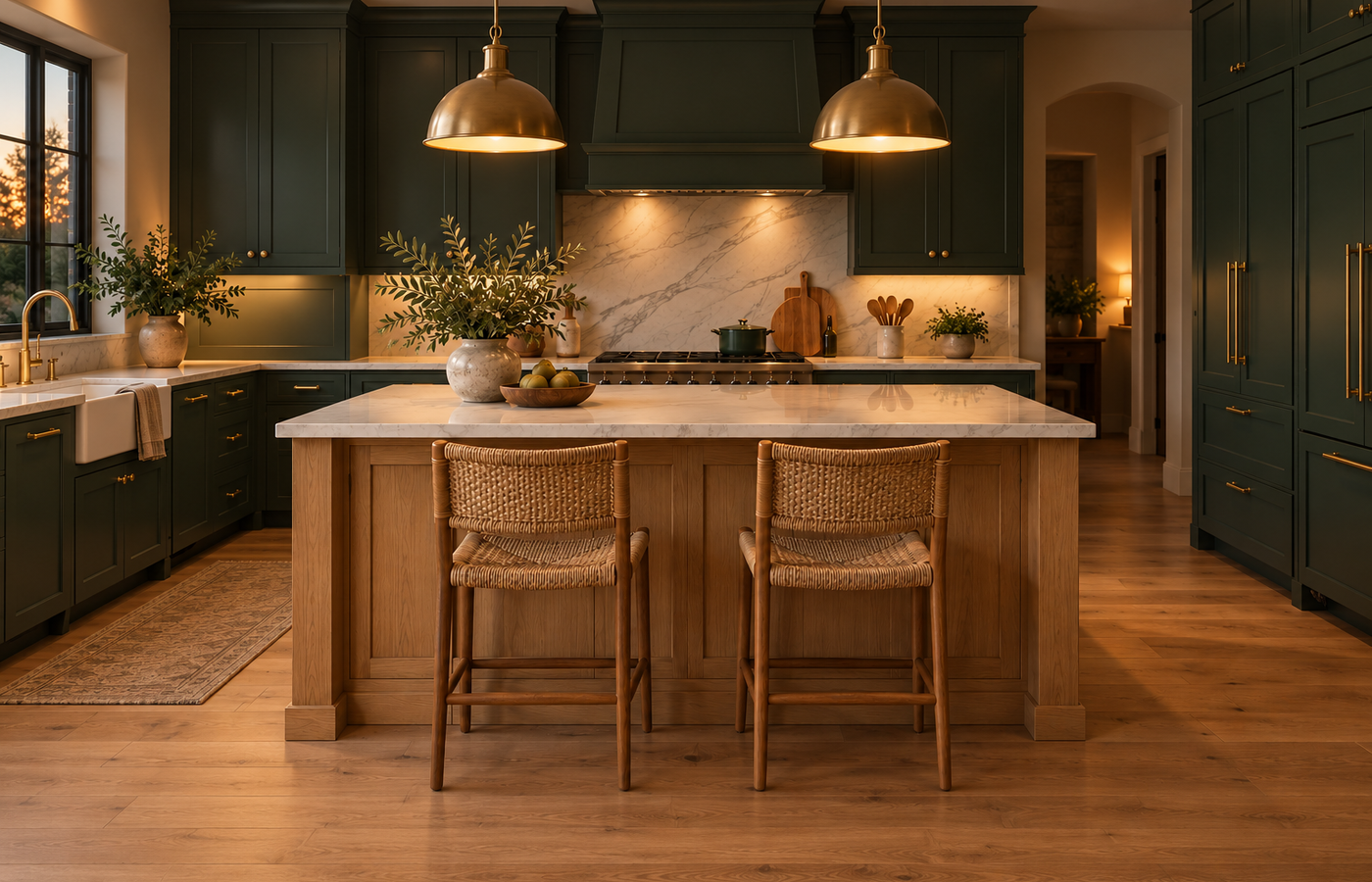 moody kitchen ideas: deep green cabinets, brass pendant lights, an oak island and a white stone counter