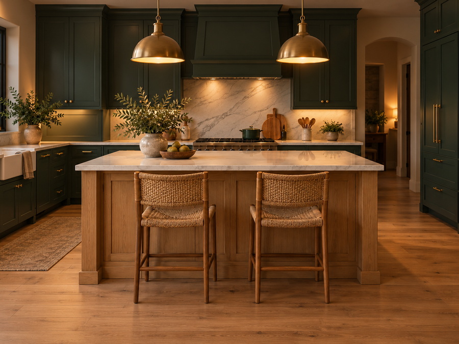 moody kitchen ideas: deep green cabinets, brass pendant lights, an oak island and a white stone counter
