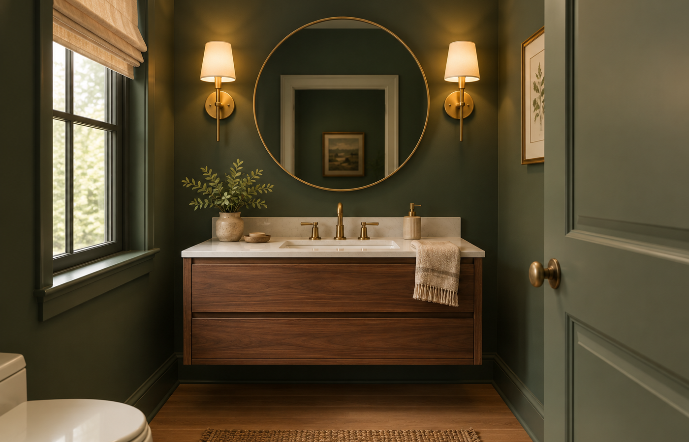 moody bathroom ideas: a deep forest green bathroom with a brass faucet, round mirror, wood vanity and warm sconces