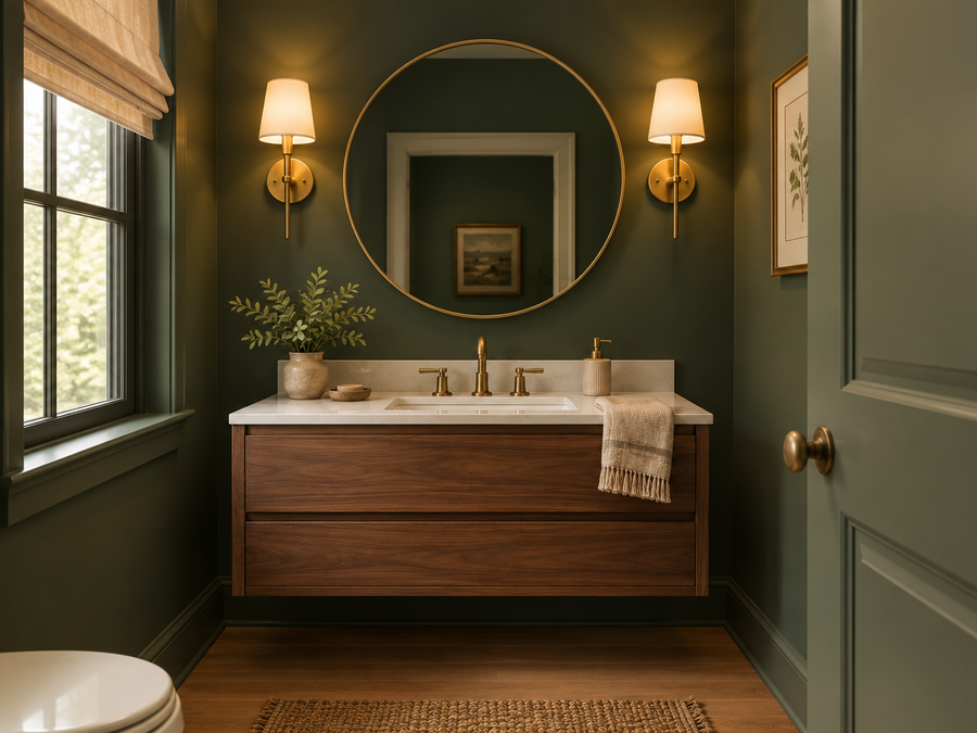 moody bathroom ideas: a deep forest green bathroom with a brass faucet, round mirror, wood vanity and warm sconces