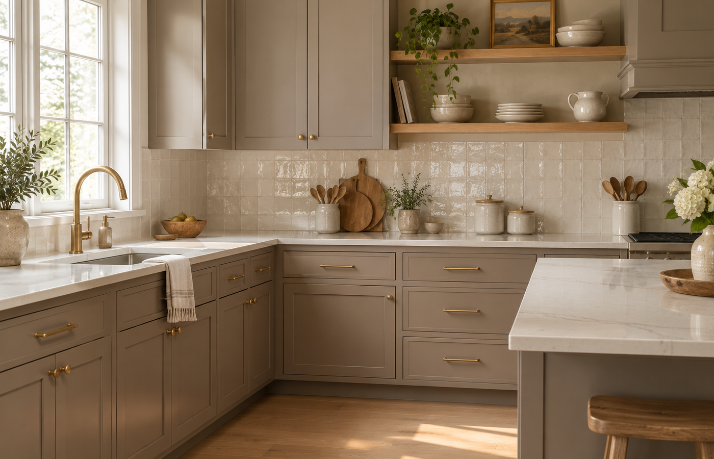 mushroom colored kitchen cabinets in a warm grey-brown with brass pulls, a white quartz counter and a zellige backsplash