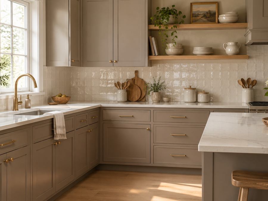 mushroom colored kitchen cabinets in a warm grey-brown with brass pulls, a white quartz counter and a zellige backsplash
