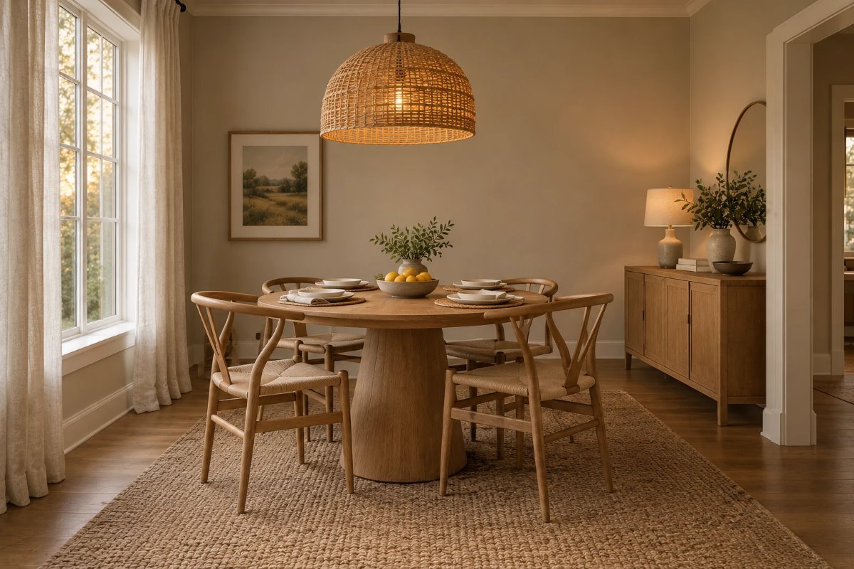 chandelier height over dining table: a woven rattan dome light hung centered above a round oak table with four wishbone chairs