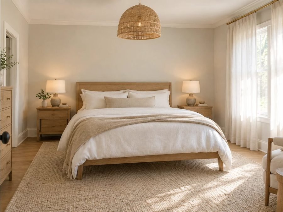 gossamer veil sherwin williams on bedroom walls with white linen bedding, an oak bed and a woven pendant