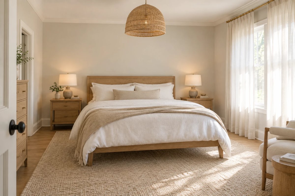 gossamer veil sherwin williams on bedroom walls with white linen bedding, an oak bed and a woven pendant