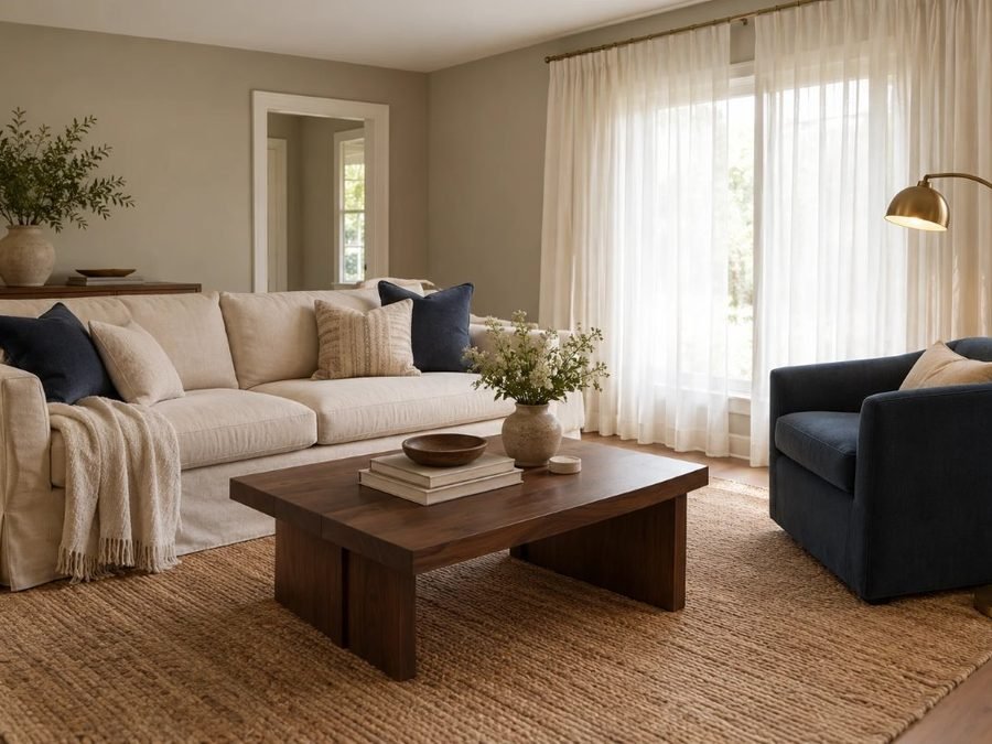 repose gray sherwin williams on living room walls with a cream sofa, a walnut coffee table and a navy chair