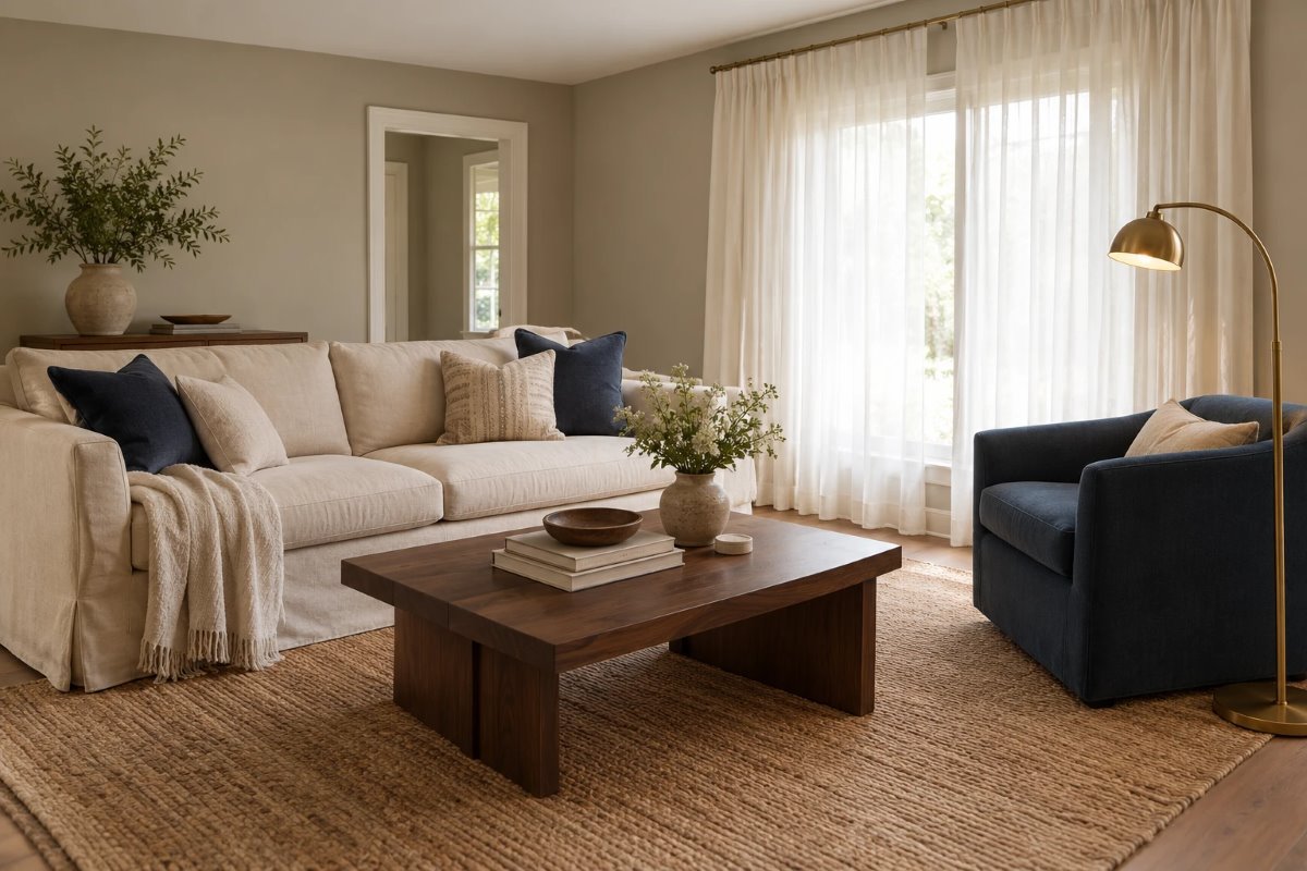 repose gray sherwin williams on living room walls with a cream sofa, a walnut coffee table and a navy chair