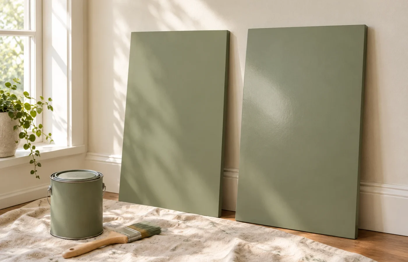 matte vs eggshell paint finish: two sage green painted boards side by side, the right one with a soft sheen