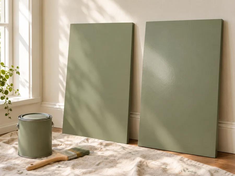 matte vs eggshell paint finish: two sage green painted boards side by side, the right one with a soft sheen