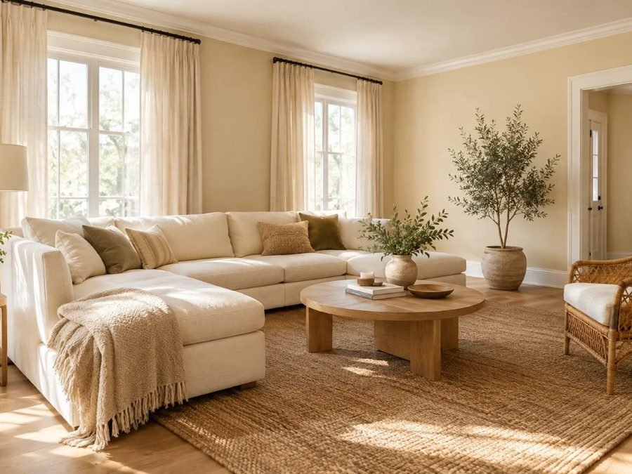 natural linen sherwin williams on living room walls with a cream sectional, oak coffee table and jute rug