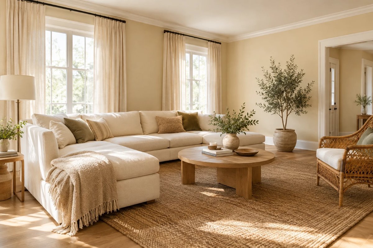 natural linen sherwin williams on living room walls with a cream sectional, oak coffee table and jute rug