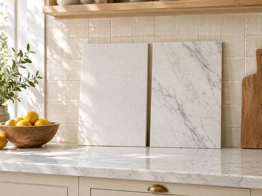 quartz vs marble countertops: a white quartz slab sample beside a veined marble slab sample on a kitchen counter