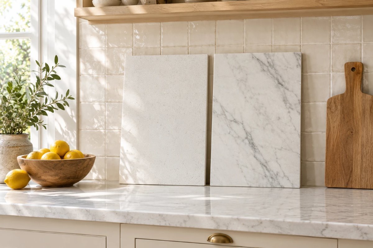 quartz vs marble countertops: a white quartz slab sample beside a veined marble slab sample on a kitchen counter