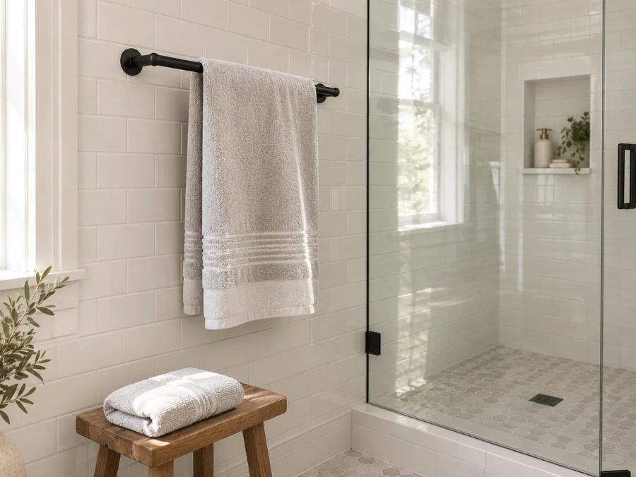 towel bar height: a matte black towel bar with a folded towel mounted at chest height on white subway tile beside a glass shower