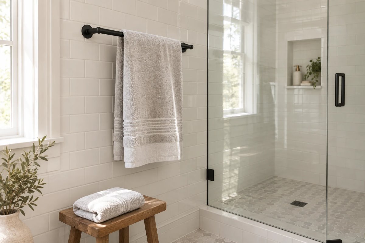 towel bar height: a matte black towel bar with a folded towel mounted at chest height on white subway tile beside a glass shower