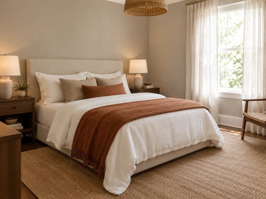 benjamin moore pashmina on bedroom walls with white linen bedding, a walnut nightstand and a rust throw
