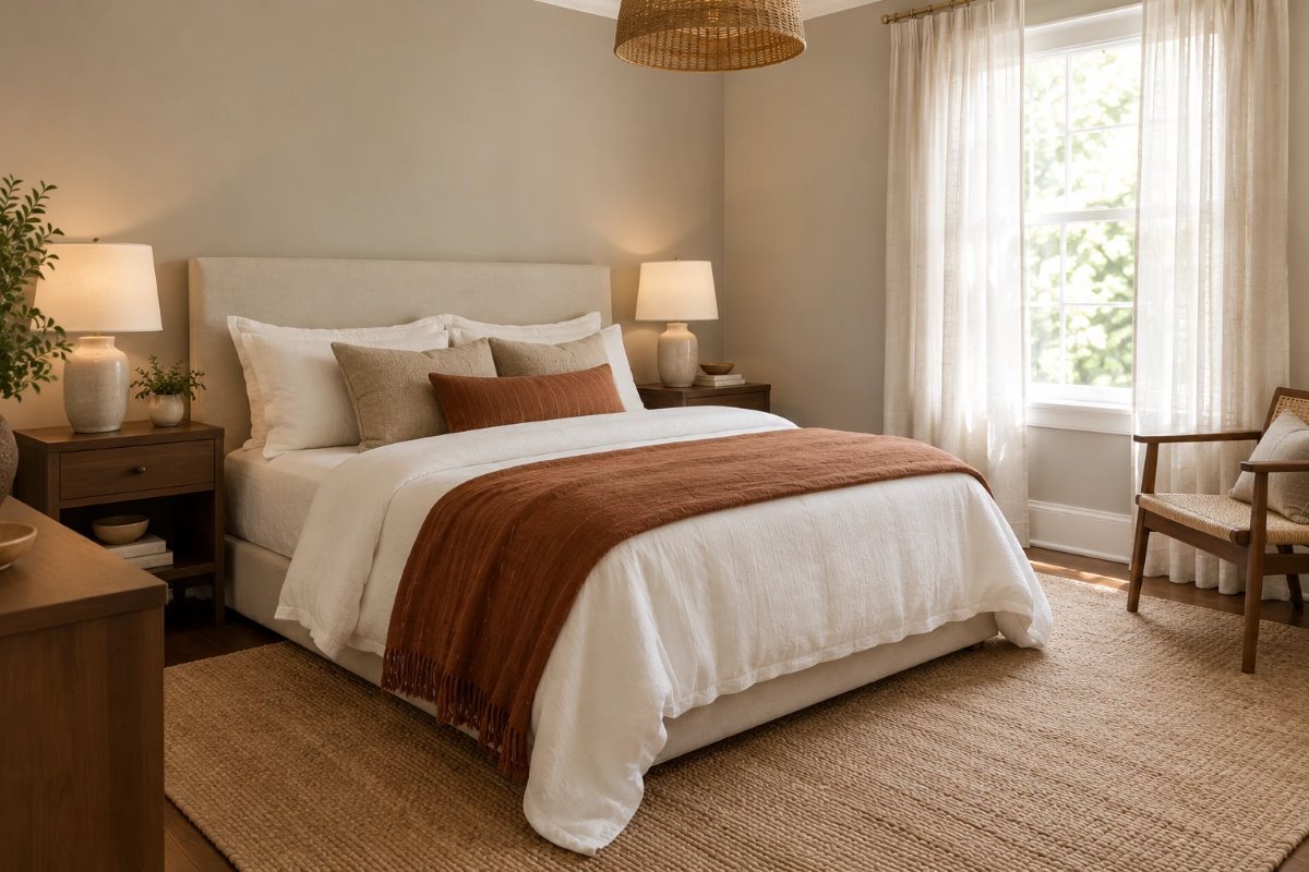 benjamin moore pashmina on bedroom walls with white linen bedding, a walnut nightstand and a rust throw