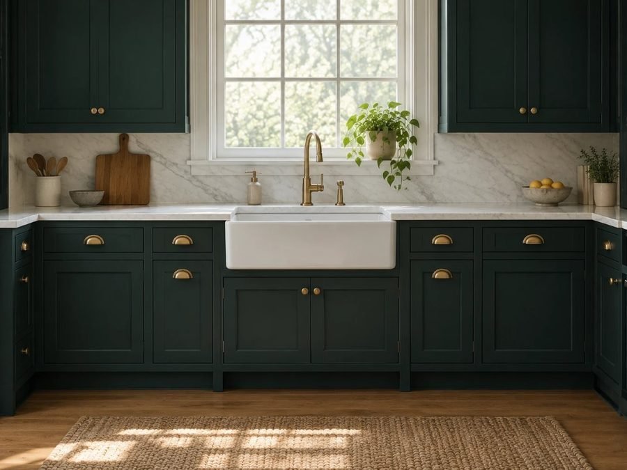 benjamin moore narragansett green on kitchen cabinets with brass pulls, a white marble counter and a farmhouse sink
