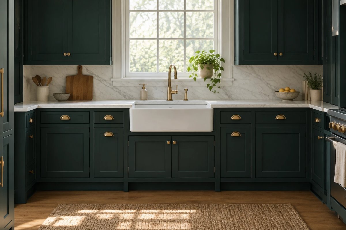 benjamin moore narragansett green on kitchen cabinets with brass pulls, a white marble counter and a farmhouse sink