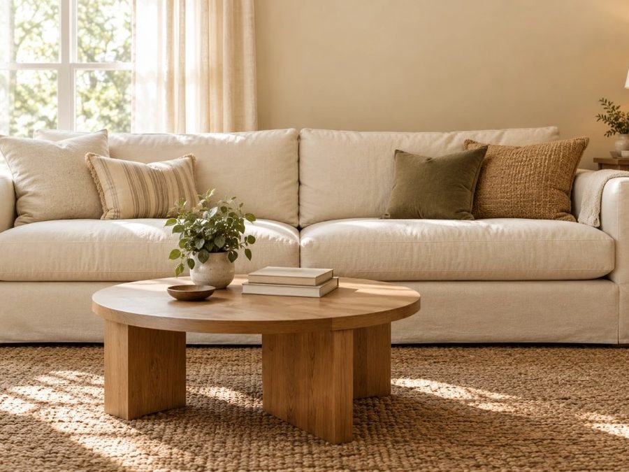 coffee table height vs sofa: a round oak coffee table in front of a linen sofa, sitting just below the seat cushions